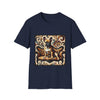Navy blue t-shirt featuring fawn French Bulldog on ornate amber and black settee with rich tan swirl backdrop.