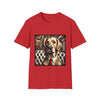 Red dog t-shirt featuring golden retriever in suit and red tie, seated on tufted chair with abstract backdrop.
