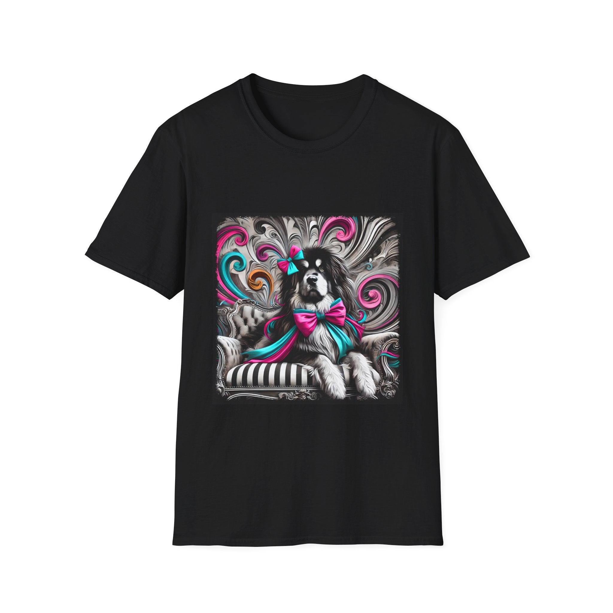 Tibetan Mastiff B&W Pink and Teal Bow | Unisex Dog T-Shirt