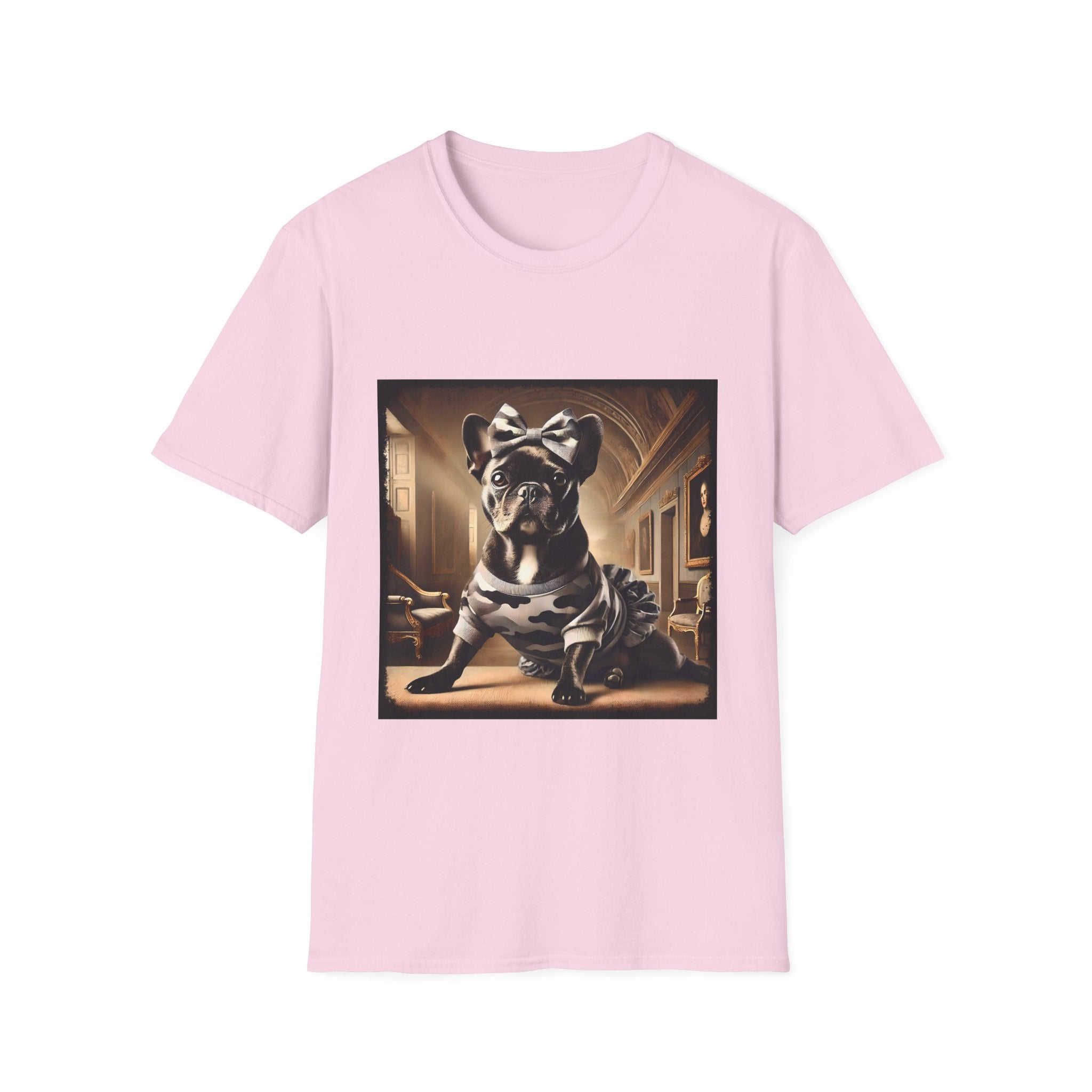Light pink dog t-shirt featuring black French Bulldog in camo dress and bow, set in sepia-toned palace hall.