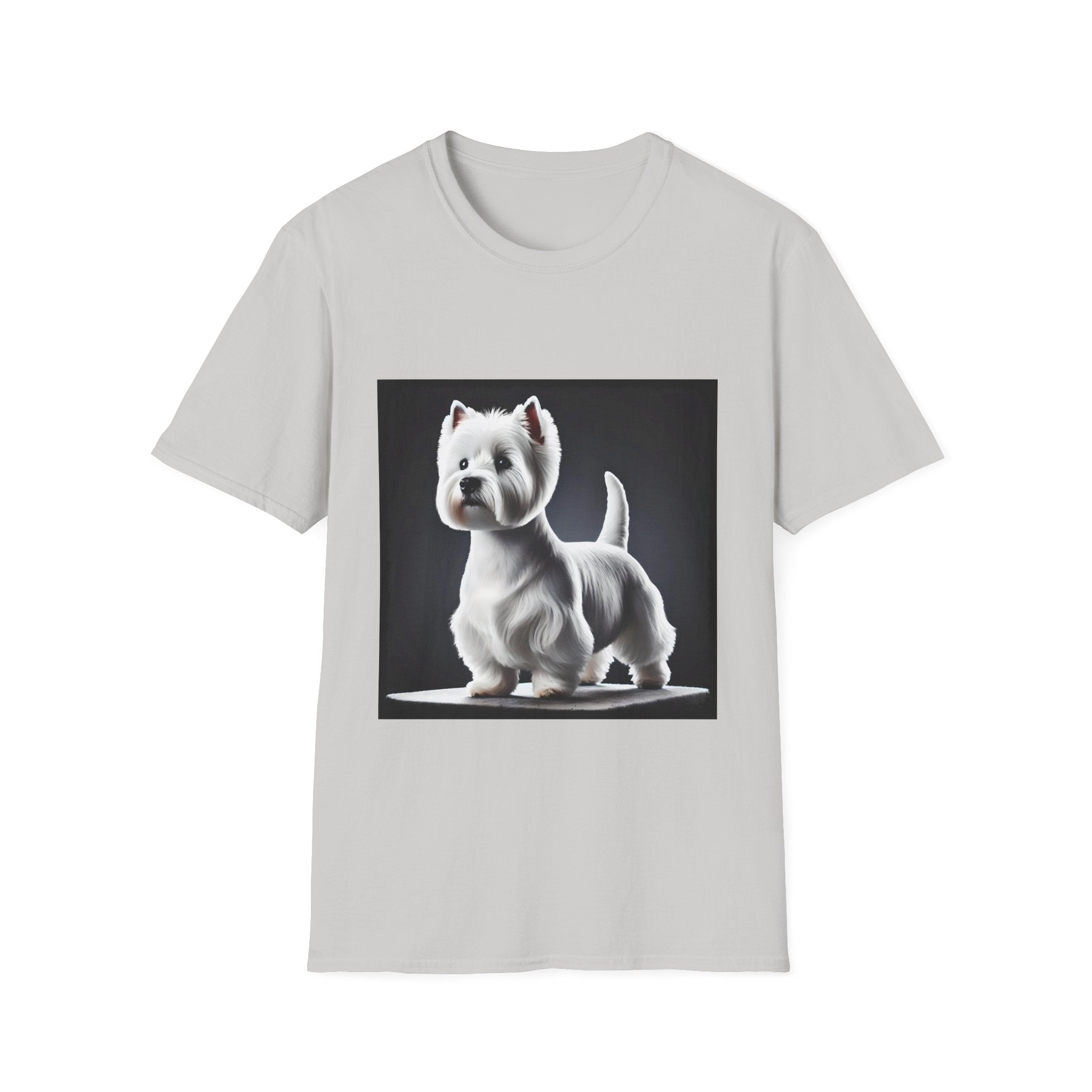 Ice gray dog t-shirt featuring a Westie standing proud on a platform against a dramatic dark backdrop.
