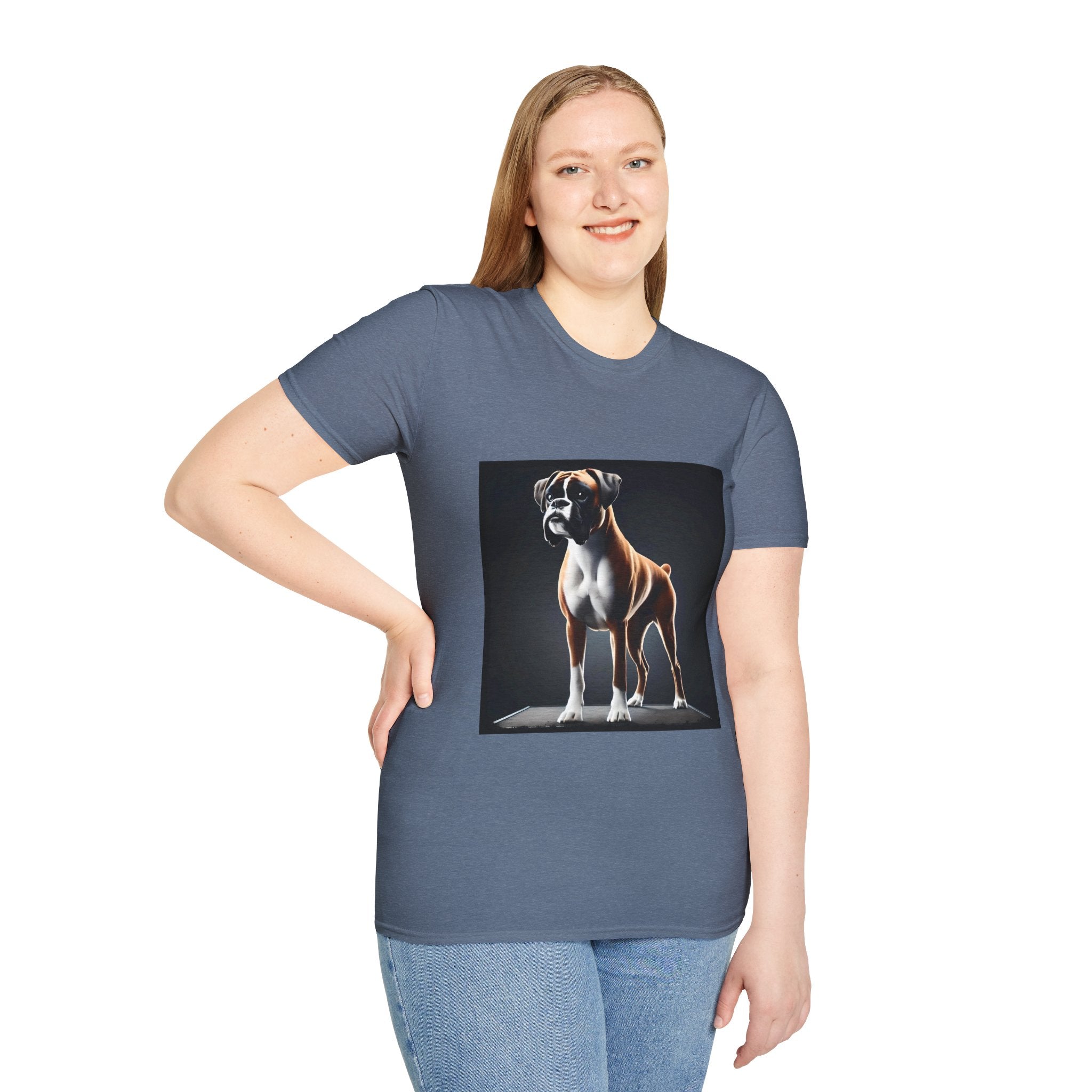 Female model in heather indigo dog t-shirt featuring standing boxer on platform with black background and dramatic lighting.