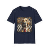 Navy Blue dog t-shirt featuring golden retriever in suit and red tie, seated on tufted chair with abstract backdrop.