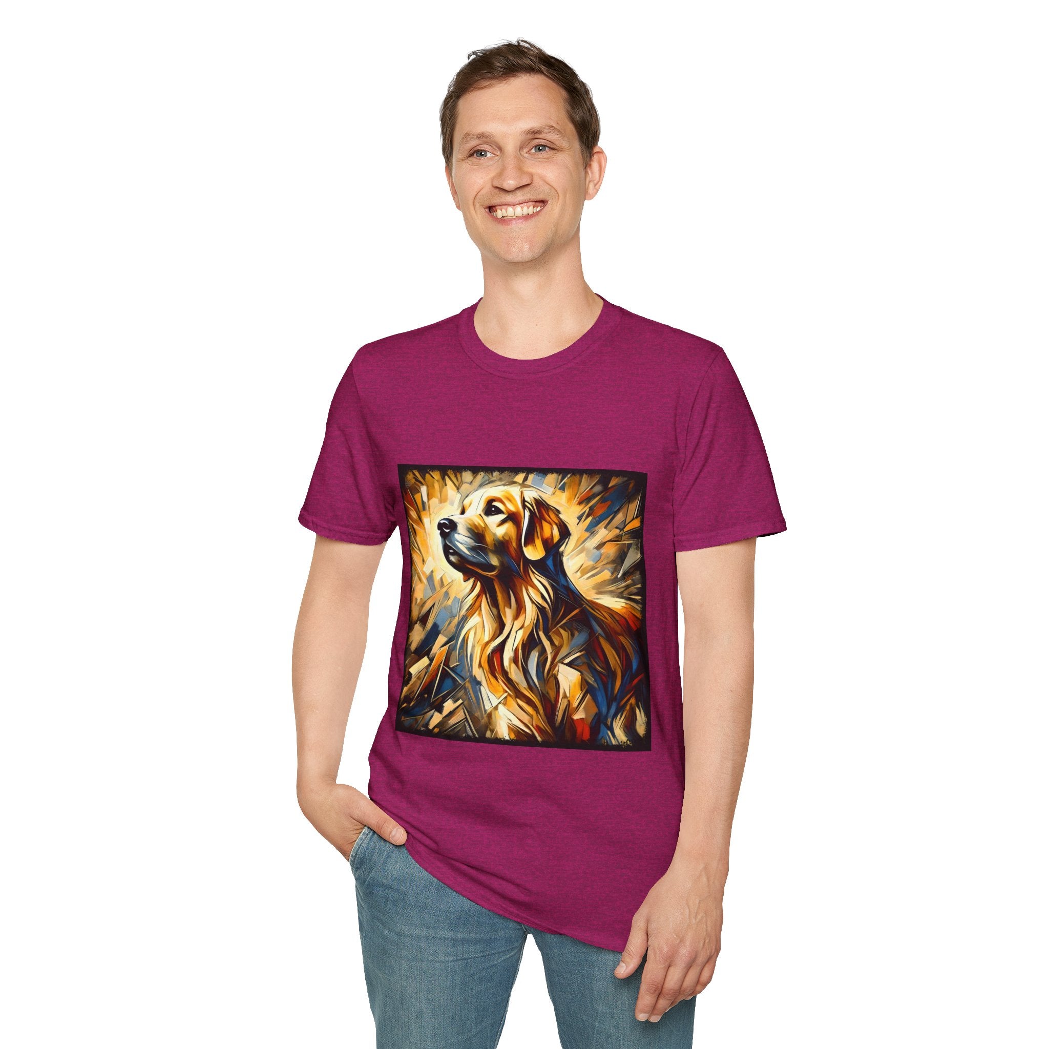 Male model in heather berry dog t-shirt featuring golden retriever portrait with fiery gold, blue, and amber abstract swirls.