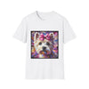 White dog t-shirt with Westie face, pink bow, and bold brushstroke colors in purple, pink, and gold.