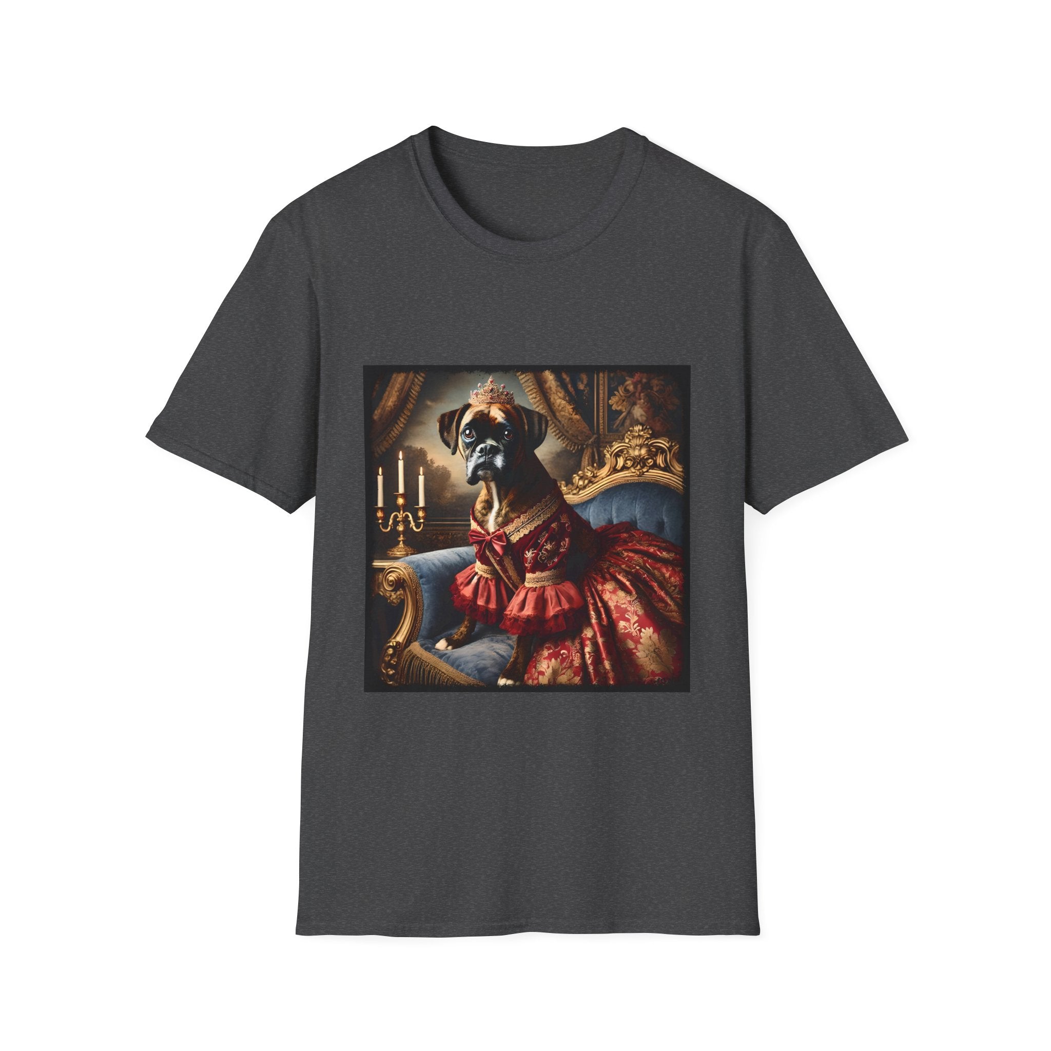 Dark heather dog t-shirt featuring boxer in ornate red gown and tiara seated on royal blue armchair.