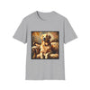 Sport gray dog t-shirt with golden retriever on ornate couch, painted in rich textured brushstrokes.