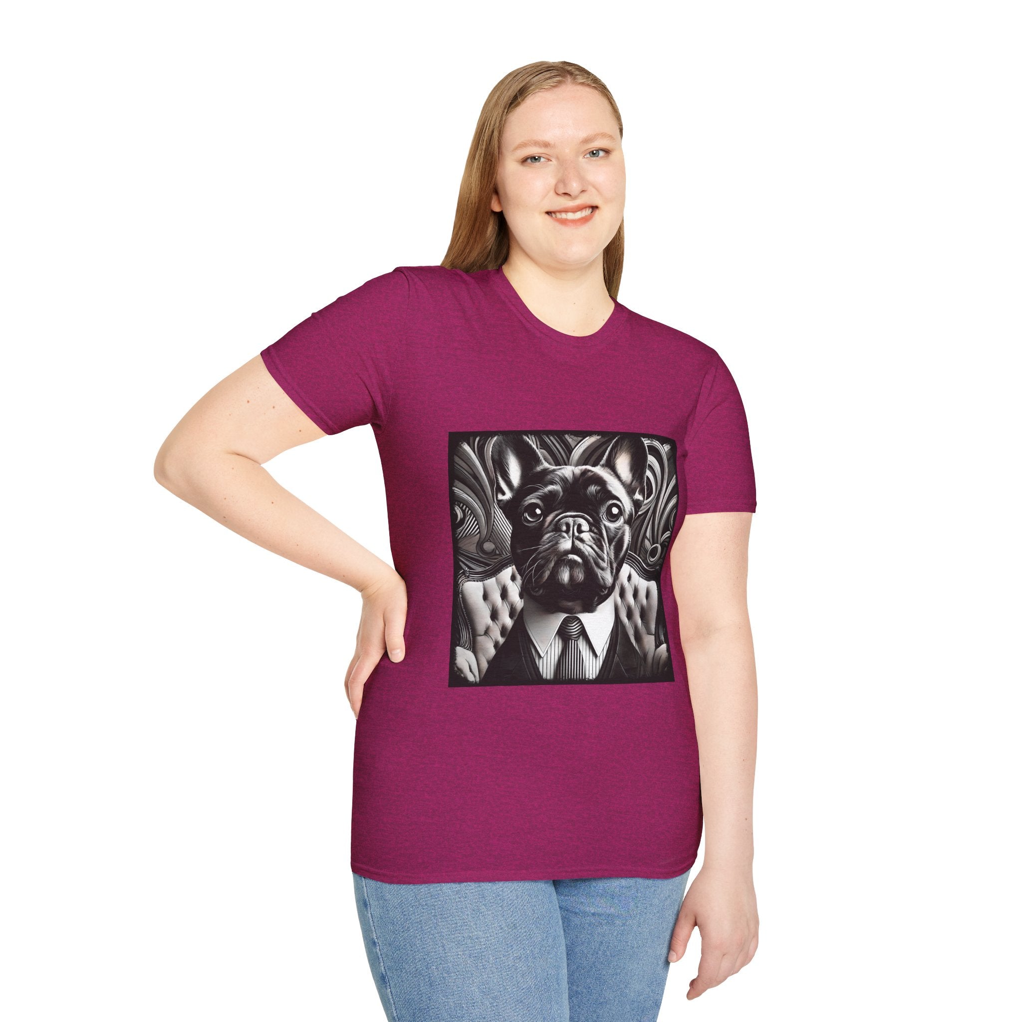Female model in heather berry t-shirt featuring black French Bulldog in suit with swirl background, monochrome style.