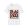 White dog t-shirt with golden retriever in striped outfit and pink bow on bold pop-art settee.