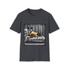Dark heather gray dog t-shirt featuring a black and white boxer lounging on silver tufted couch in yellow jacket with striped wall.