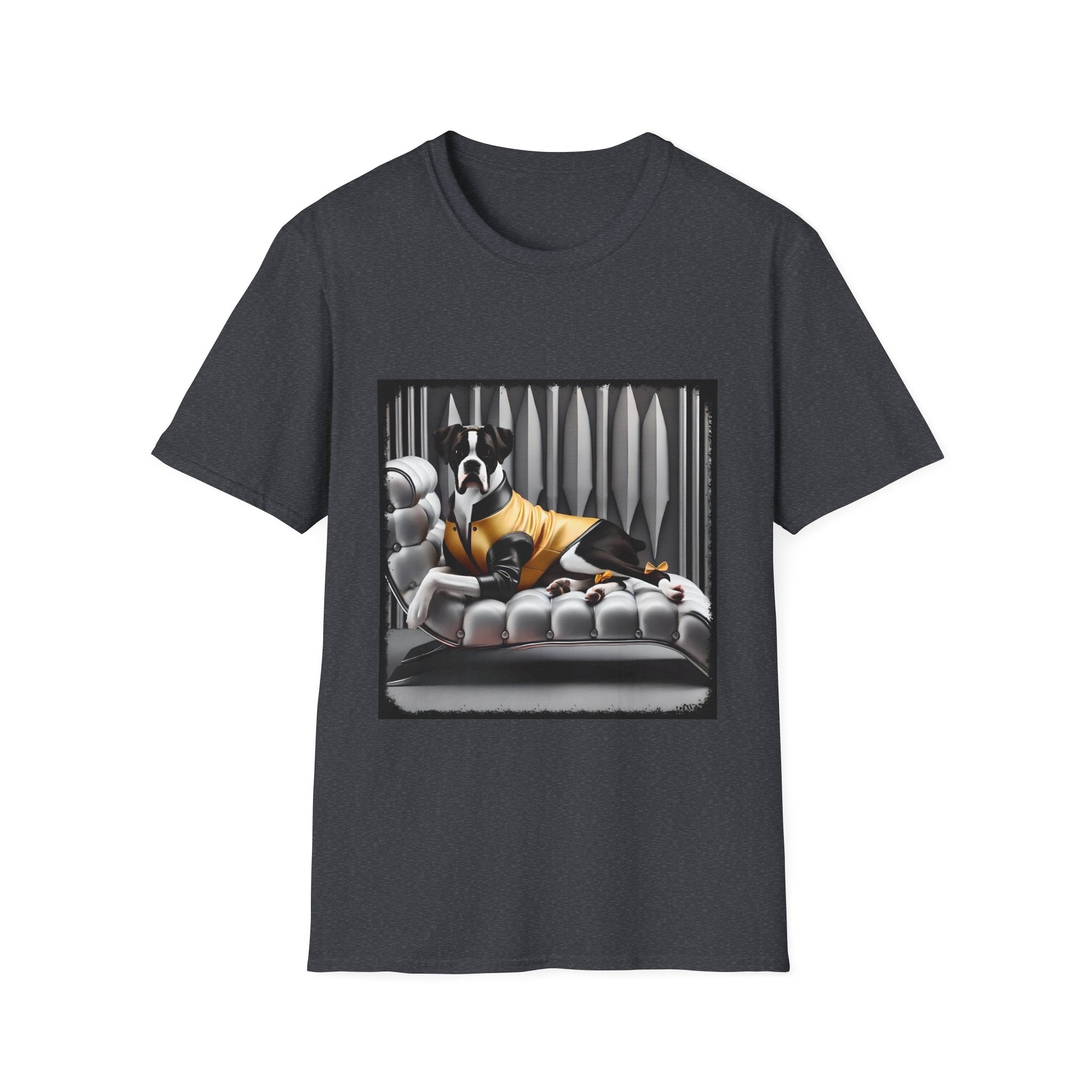 Dark heather gray dog t-shirt featuring a black and white boxer lounging on silver tufted couch in yellow jacket with striped wall.