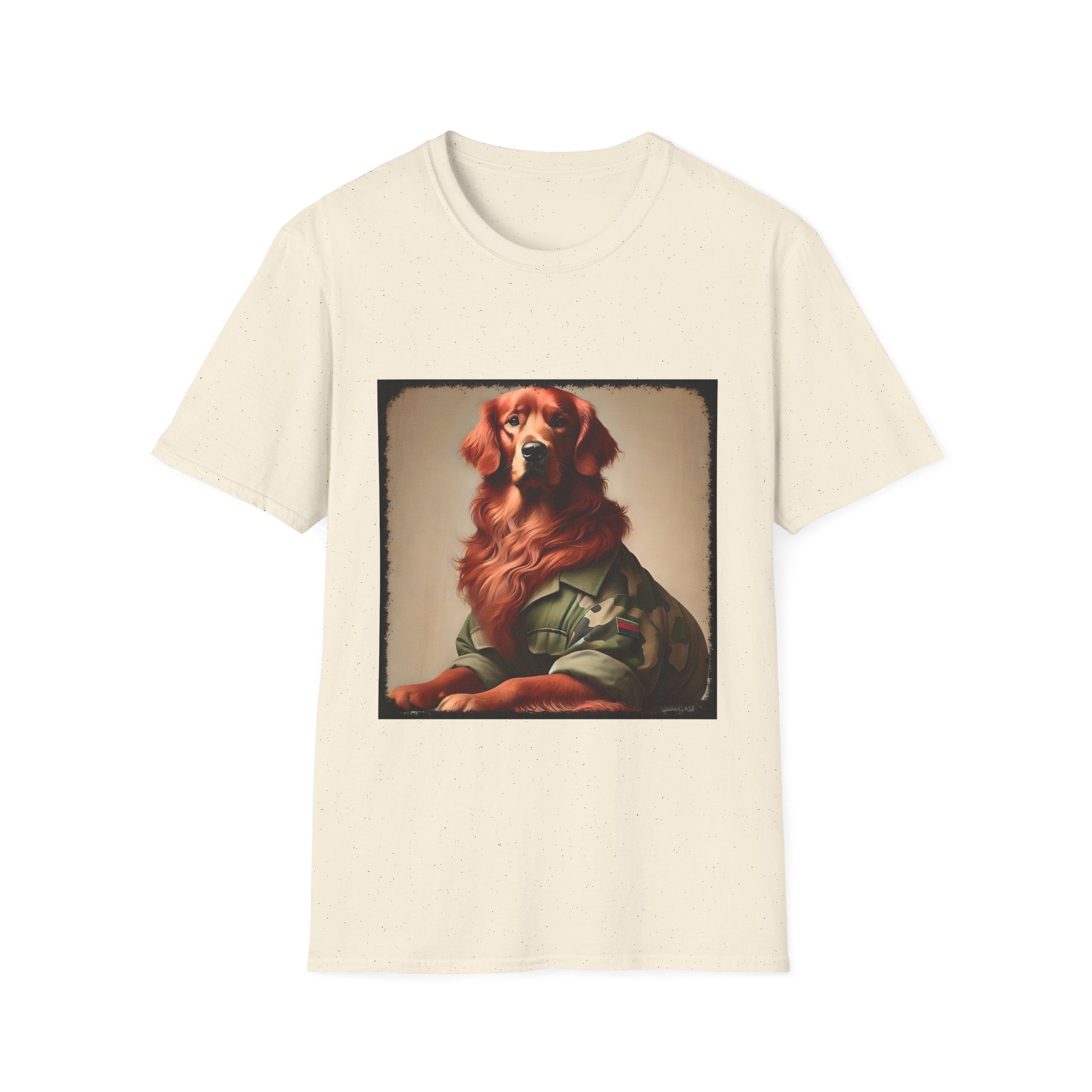 Natural dog t-shirt featuring golden retriever in camouflage jacket with flag patch, tan background.