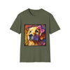 Military green dog t-shirt featuring golden retriever with pink bow on head, set against vivid painterly swirls.