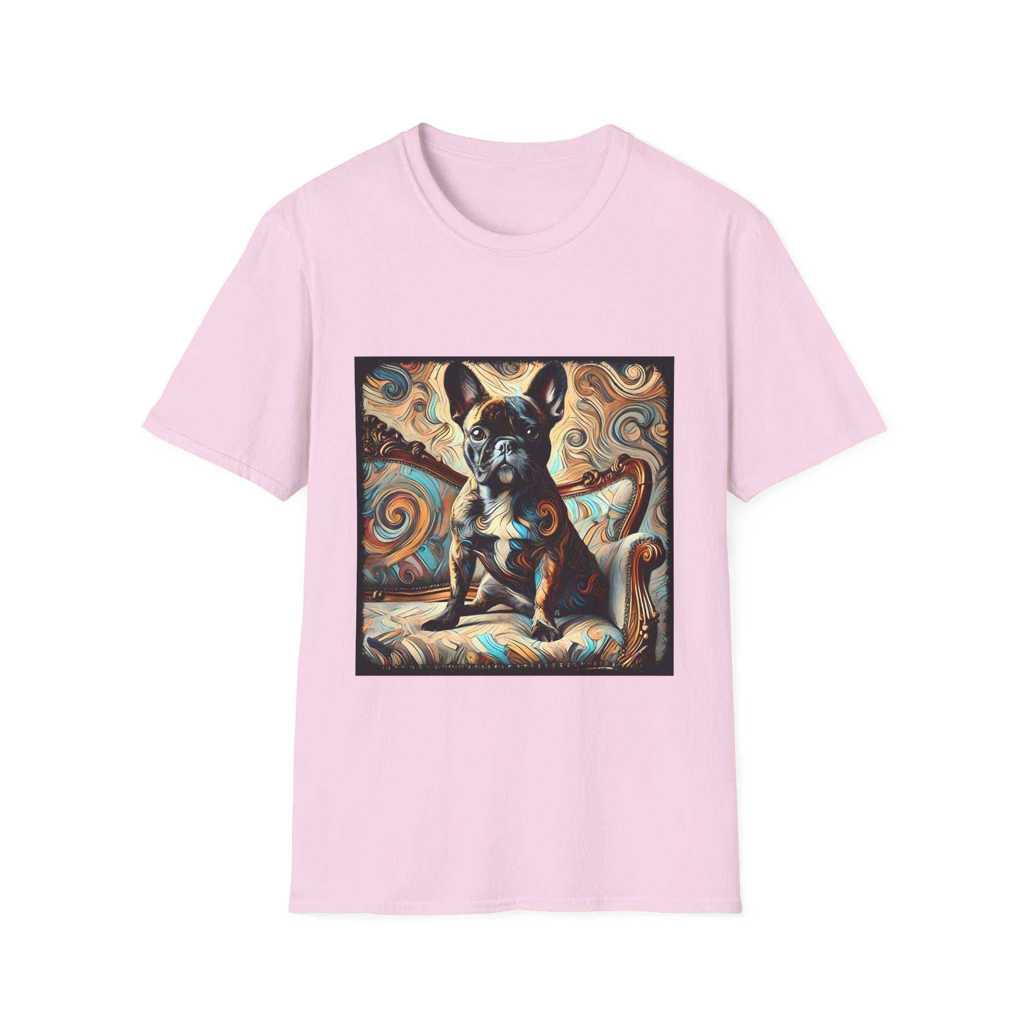 Light pink dog t-shirt featuring black and tan French Bulldog on ornate settee with swirl pattern background.
