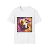 White dog t-shirt featuring golden retriever with pink bow on head, bold brushstroke background in pinks.