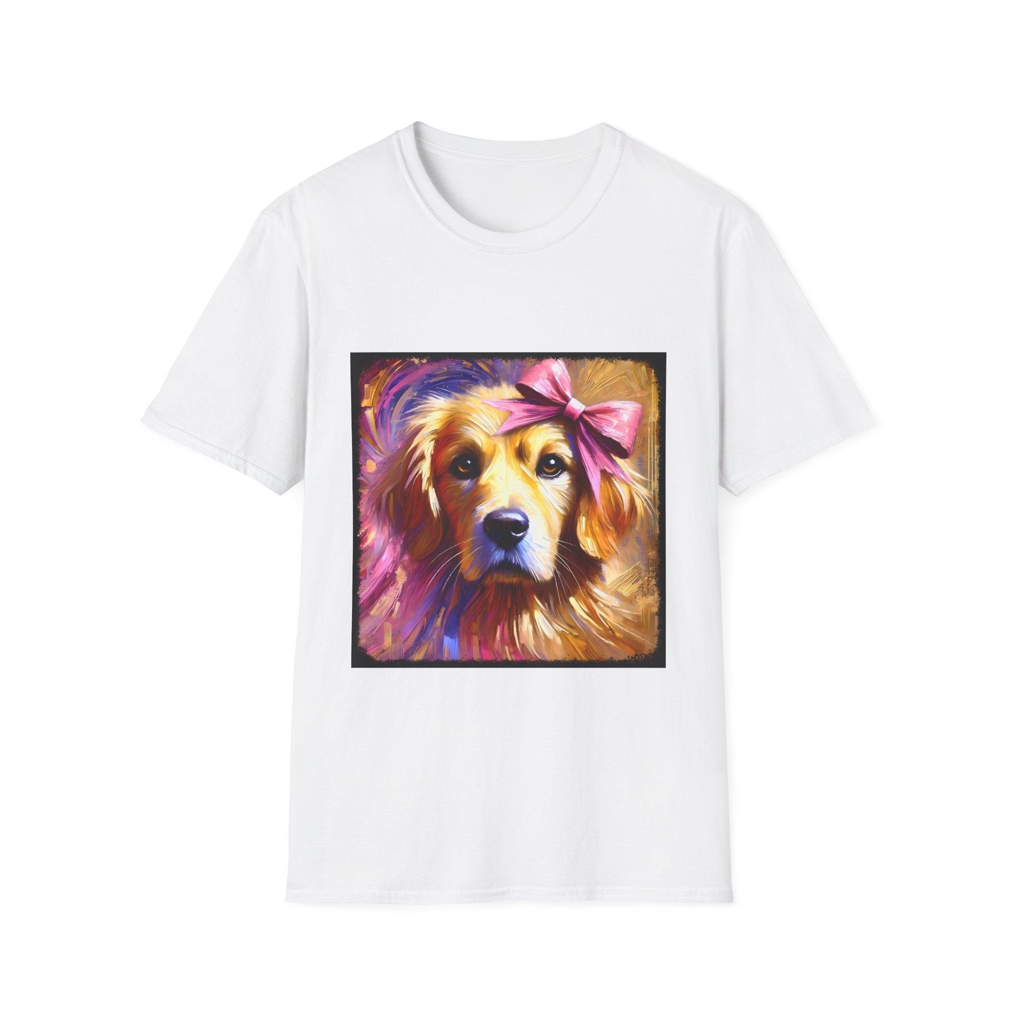 White dog t-shirt featuring golden retriever with pink bow on head, bold brushstroke background in pinks.