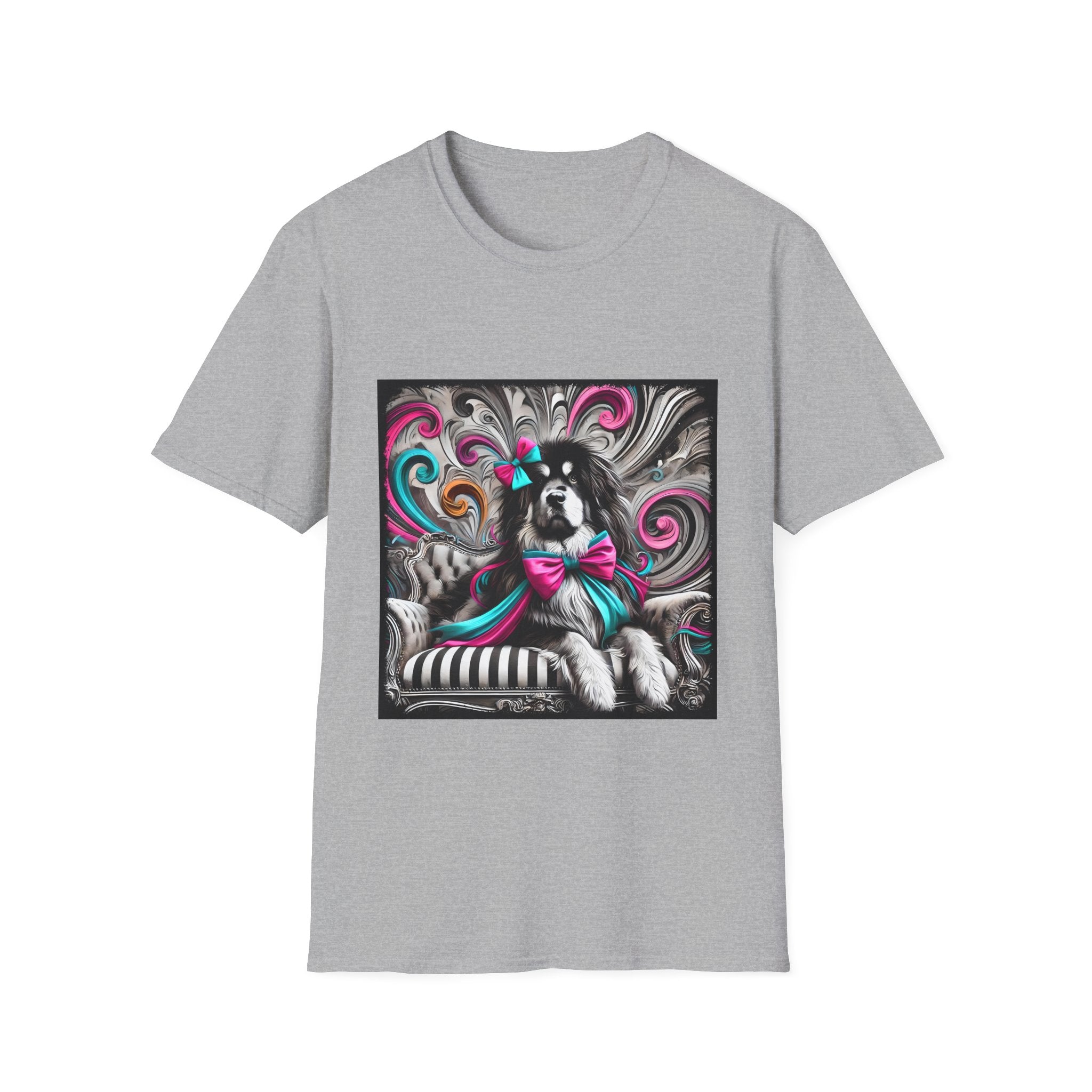 Tibetan Mastiff B&W Pink and Teal Bow | Unisex Dog T-Shirt