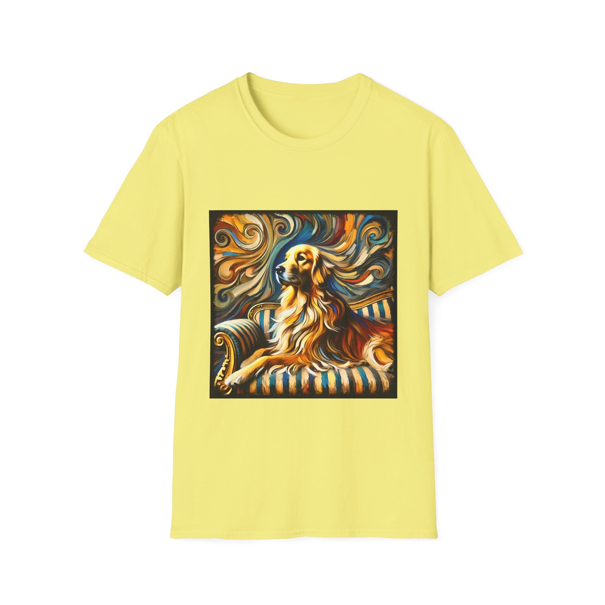 Yellow dog t-shirt featuring golden retriever on striped settee with swirling abstract background in golds.