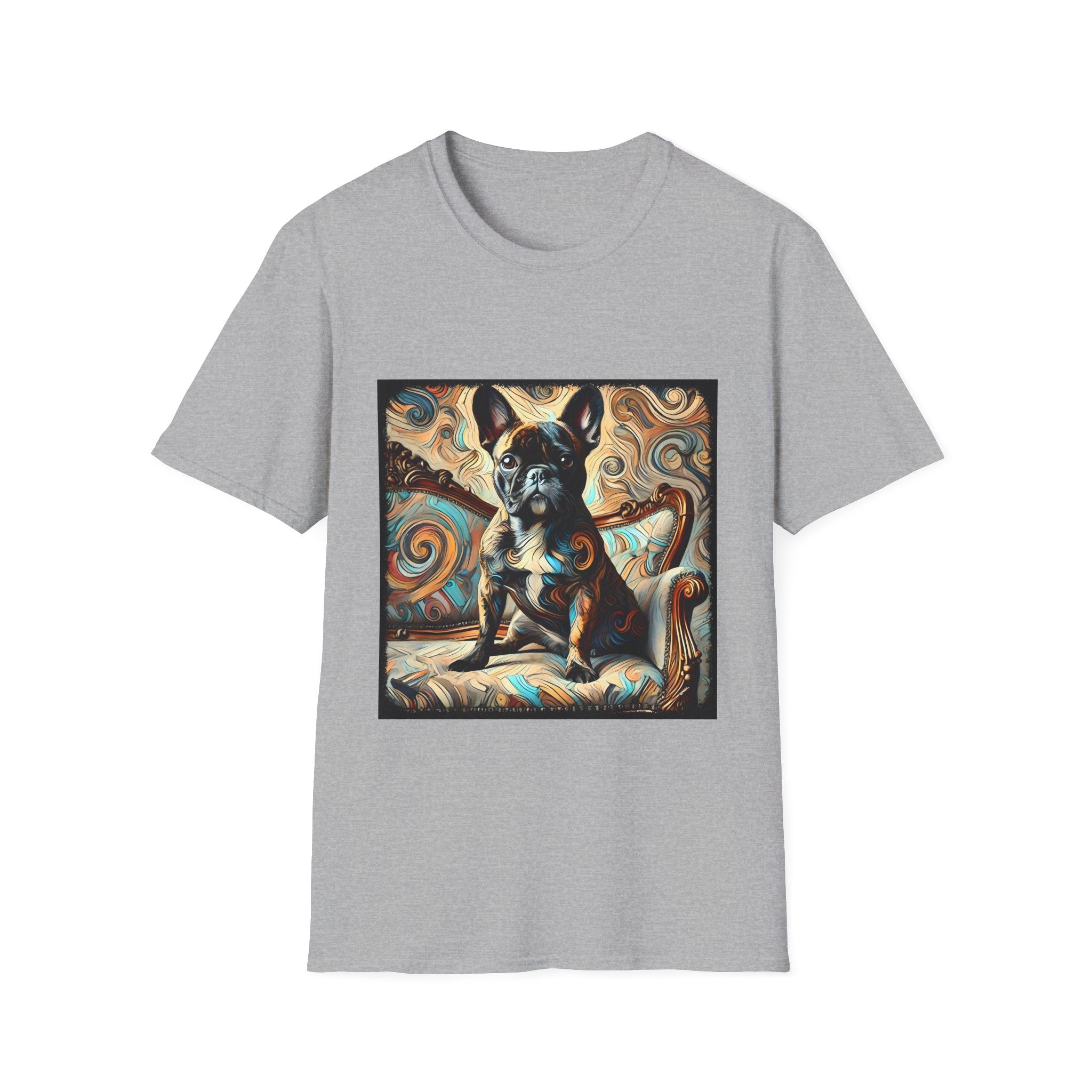 Sport grey dog t-shirt featuring black and tan French Bulldog on ornate settee with swirl pattern background.