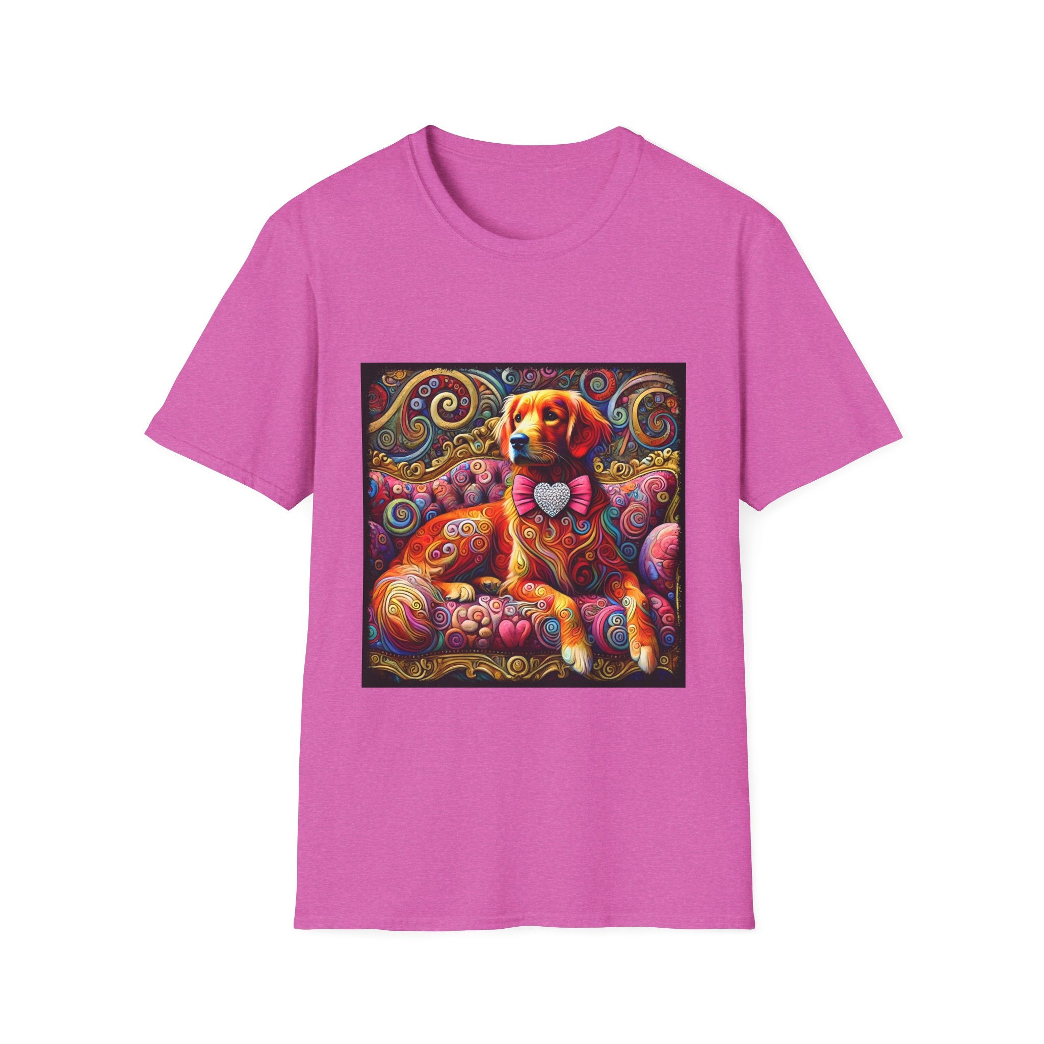Heather orchid dog t-shirt with golden retriever in pink bow on vibrant swirl settee with heart details.