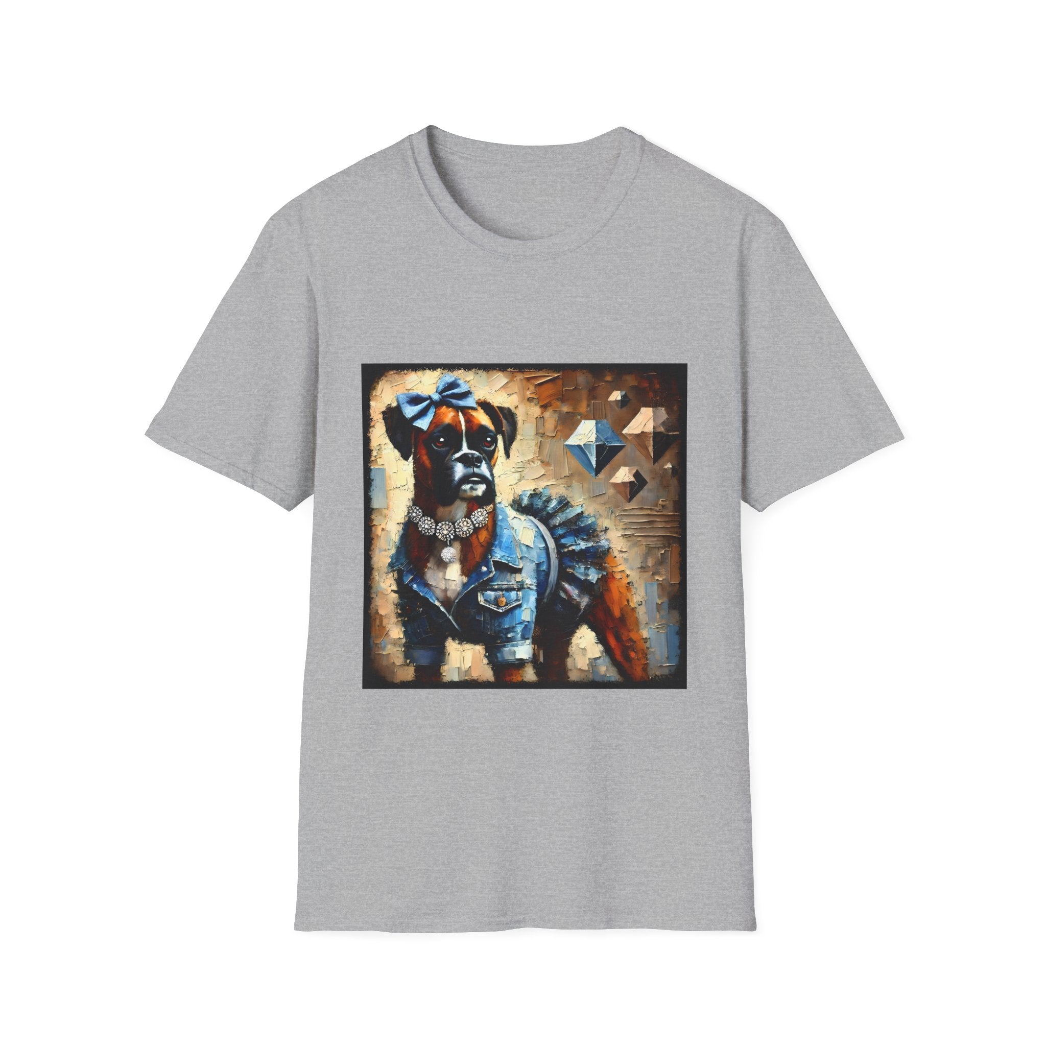 Sport gray dog t-shirt with boxer in denim ruffle dress, blue bow, diamond collar, and abstract gem background.