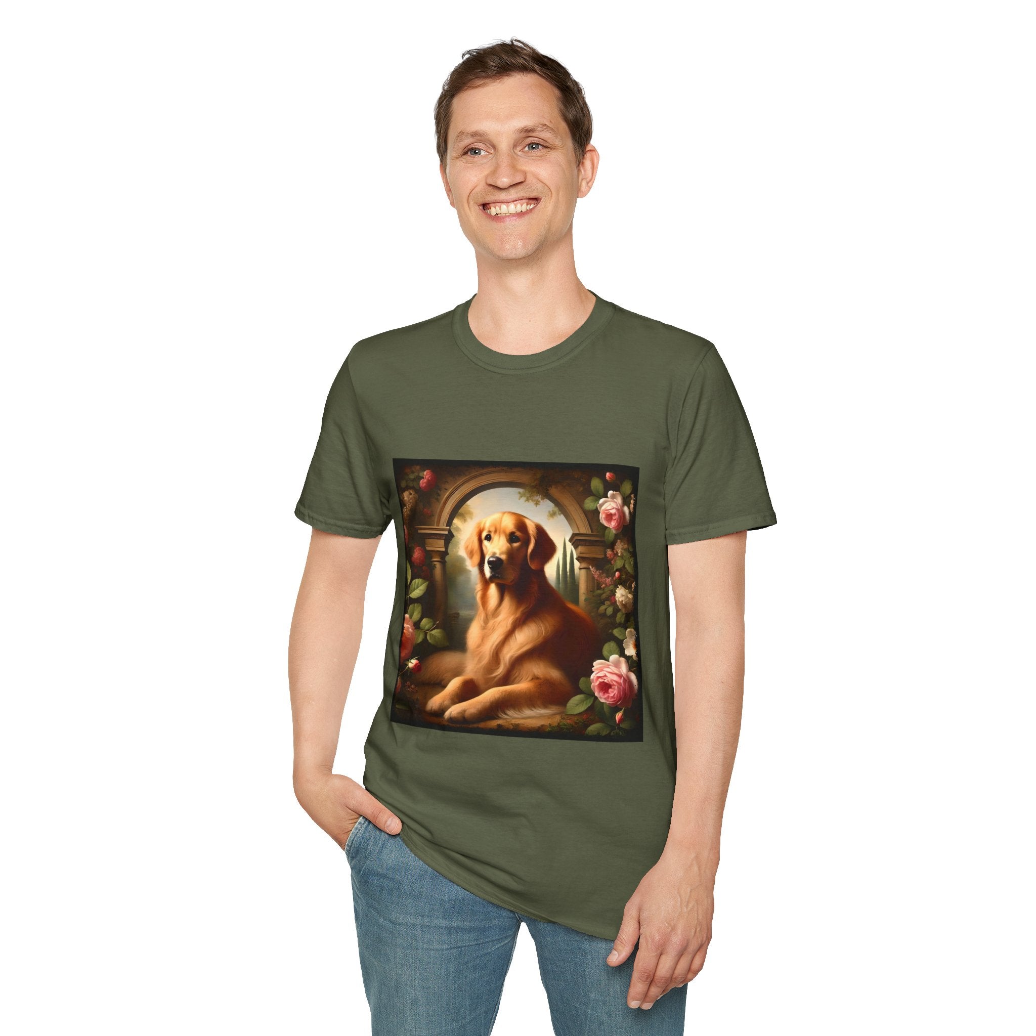 Male model in military green dog t-shirt featuring golden retriever lounging under stone arch, surrounded by roses and greenery.