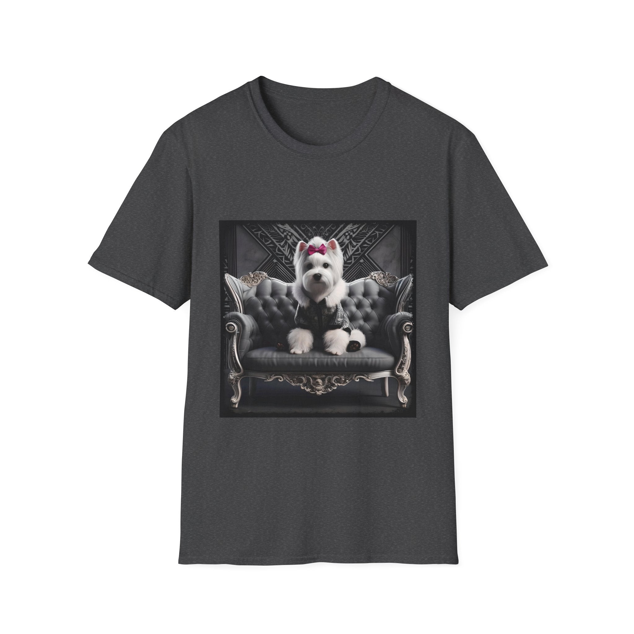 Dark heather gray dog t-shirt featuring Westie in black outfit with pink bow seated on ornate gothic black couch.