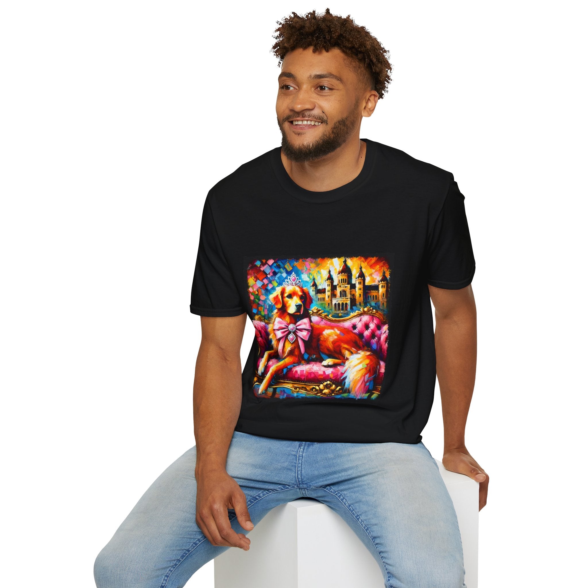 Male model in black dog t-shirt featuring golden retriever princess on pink settee with tiara and castle backdrop.