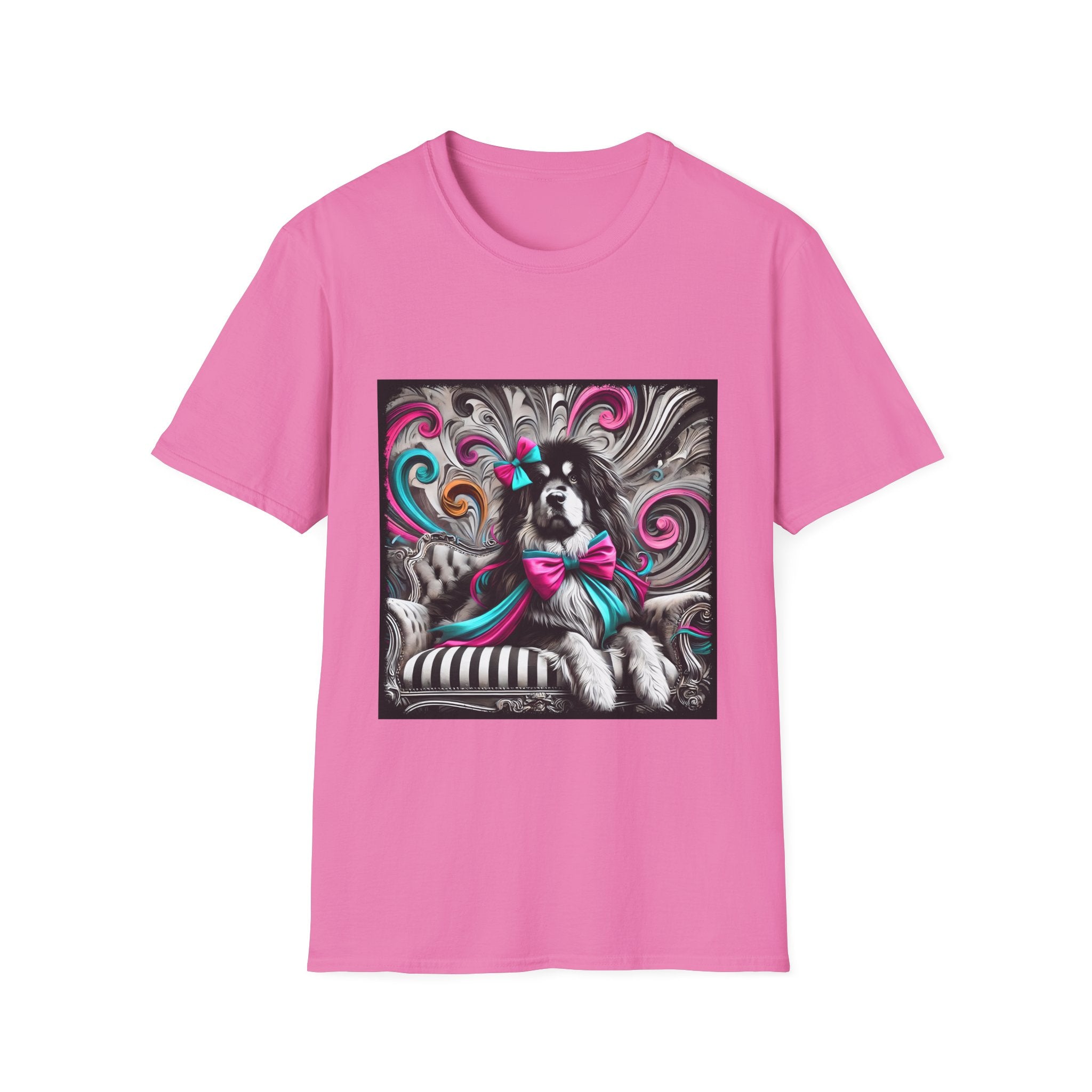Tibetan Mastiff B&W Pink and Teal Bow | Unisex Dog T-Shirt