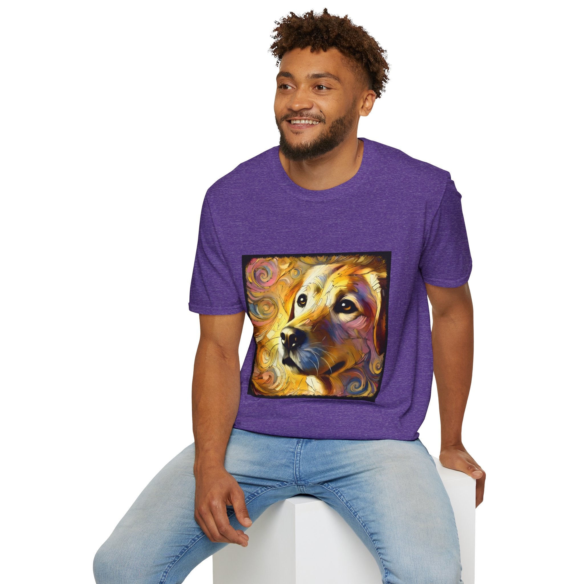 Male model wears heather purple dog t-shirt featuring a golden retriever with swirling brushstroke-style yellow-orange background.