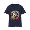 Navy Blue dog t-shirt featuring Westie in black hoodie with swirling red blue orange and gold background.