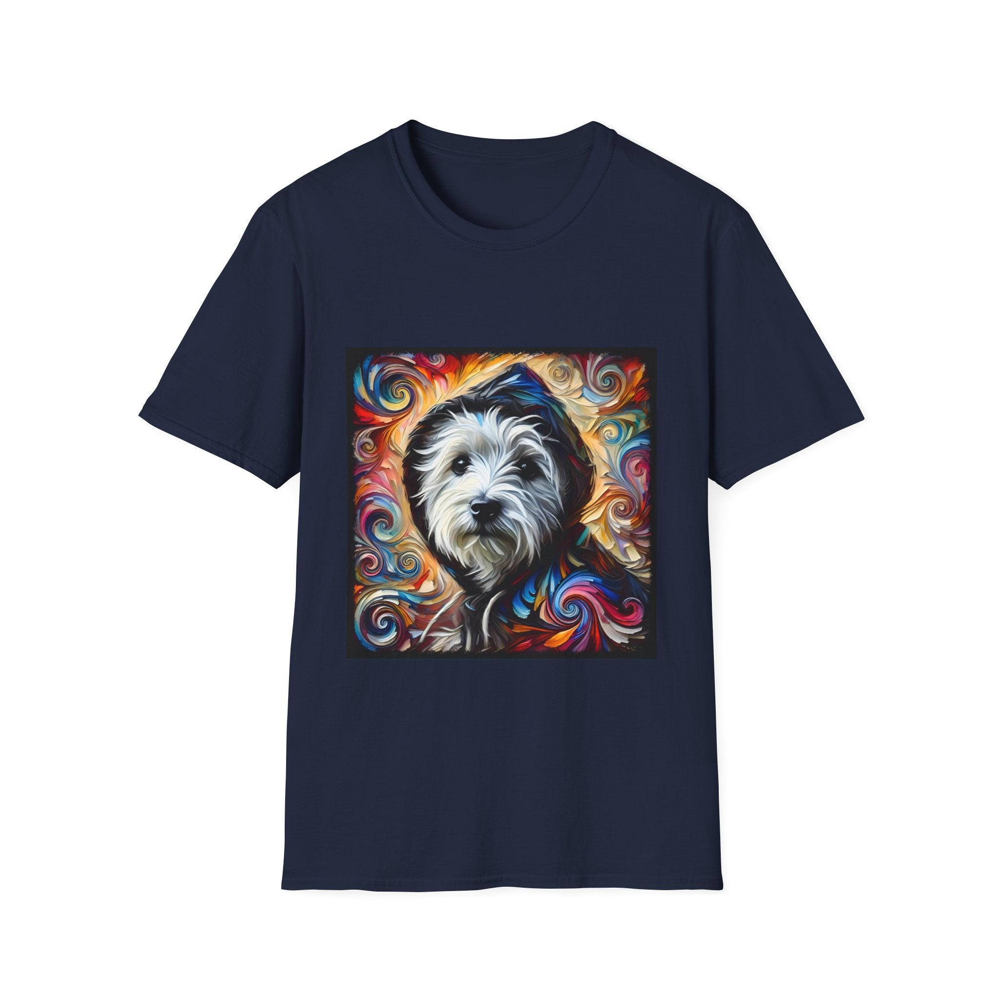 Navy Blue dog t-shirt featuring Westie in black hoodie with swirling red blue orange and gold background.