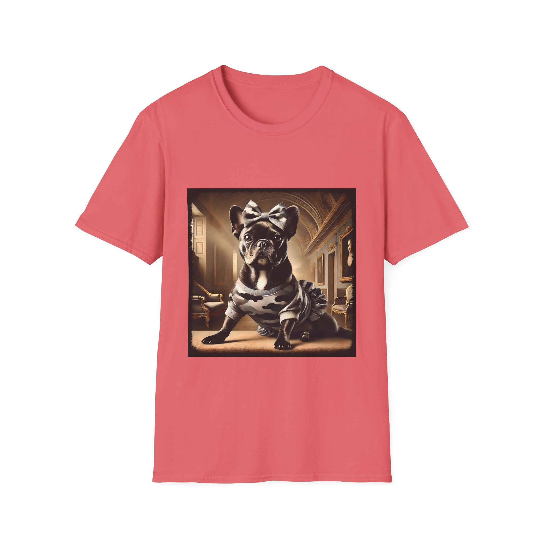 Coral dog t-shirt featuring black French Bulldog in camo dress and bow, set in sepia-toned palace hall.