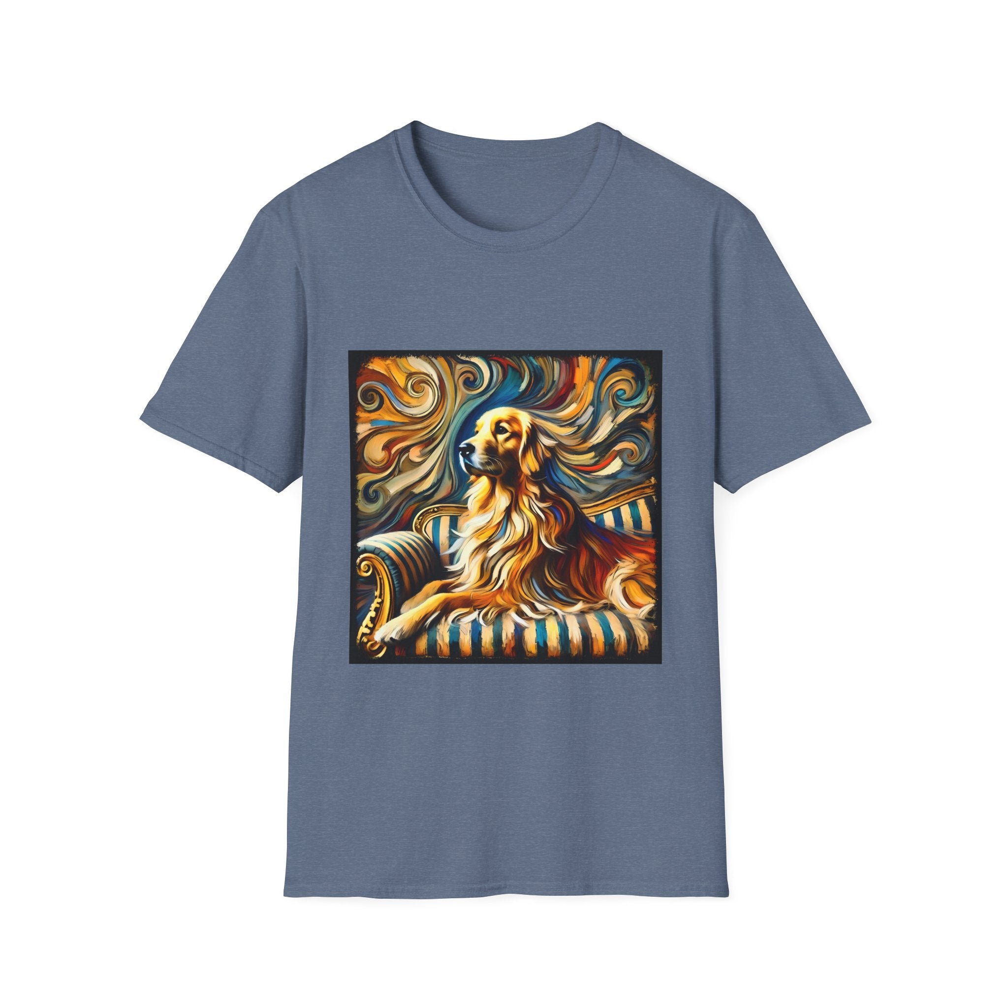 Heather indigo dog t-shirt featuring golden retriever on striped settee with swirling abstract background in golds.