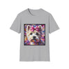Sport gray dog t-shirt with Westie face, pink bow, and bold brushstroke colors in purple, pink, and gold.