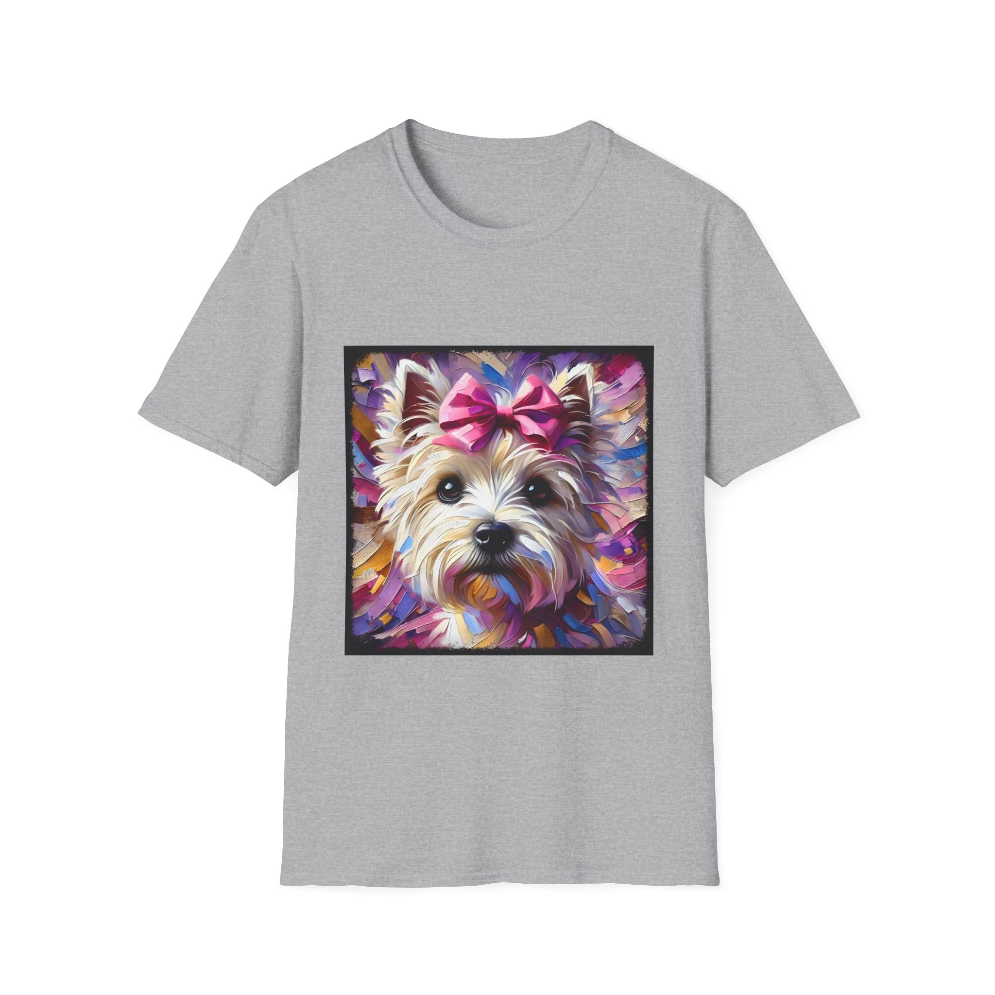 Sport gray dog t-shirt with Westie face, pink bow, and bold brushstroke colors in purple, pink, and gold.
