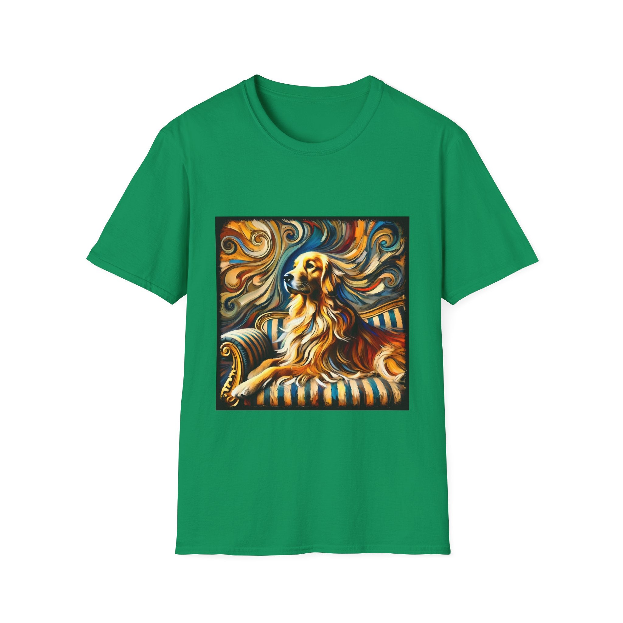 Kelly Green dog t-shirt featuring golden retriever on striped settee with swirling abstract background in golds.