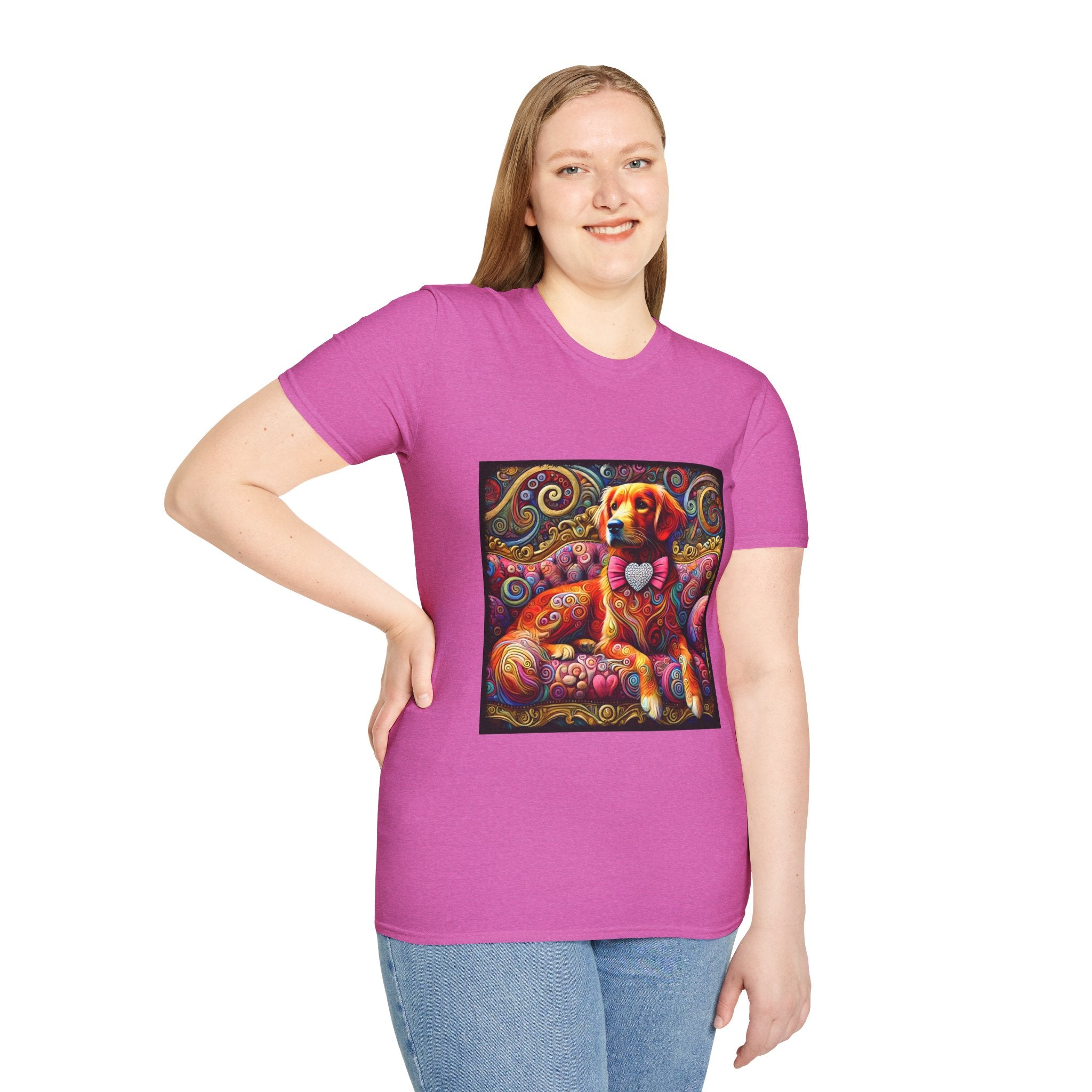 Woman in heather orchid dog t-shirt with golden retriever in pink bow on vibrant swirl settee with heart details.