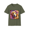 Military green dog t-shirt featuring golden retriever with pink bow on head, bold brushstroke background in pinks.