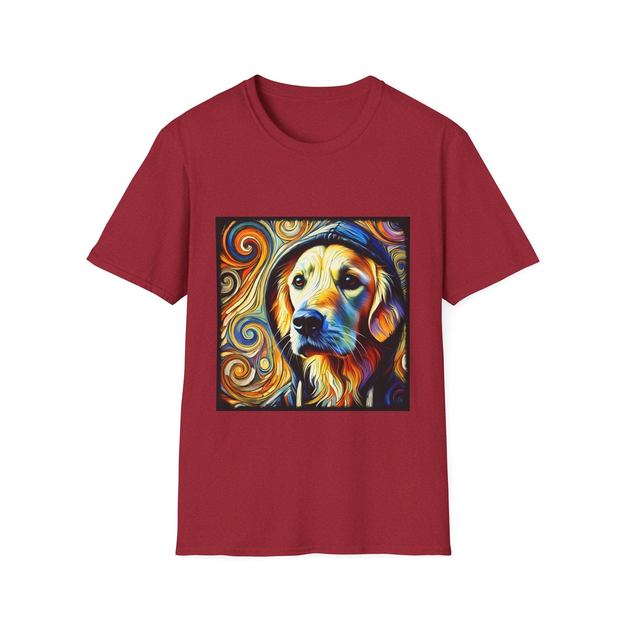 Antique cherry red dog t-shirt with golden retriever in hoodie, swirled background in orange, yellow, and teal tones.