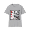 Sport gray dog t-shirt featuring sketch-style Westie with red hearts and abstract black line accents.
