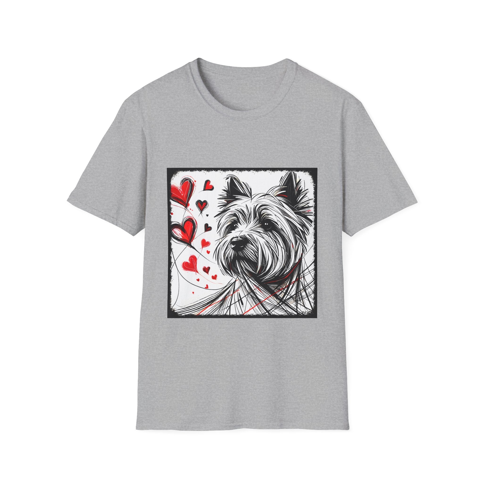 Sport gray dog t-shirt featuring sketch-style Westie with red hearts and abstract black line accents.