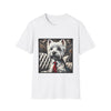 White dog t-shirt featuring a Westie in a red tie seated on a tufted chair in a wood-accent room.