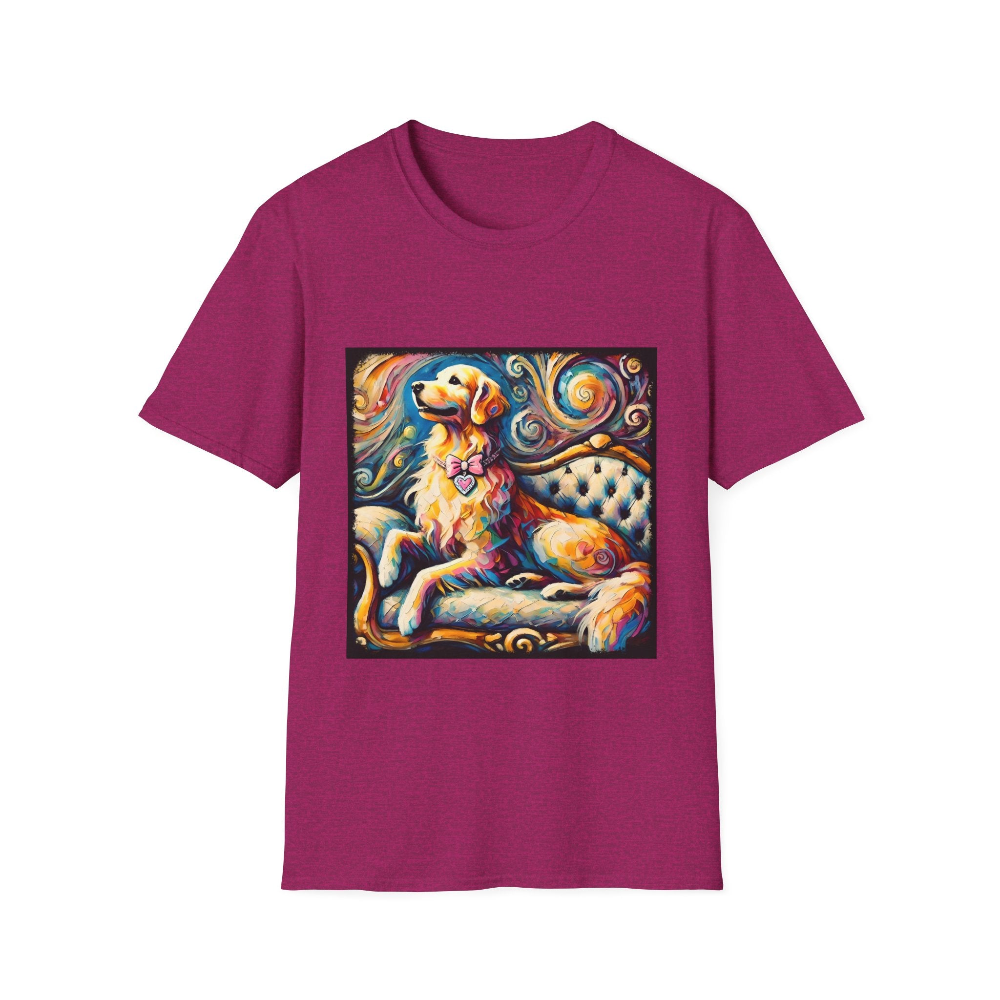 Heather berry dog t-shirt featuring golden retriever with pink heart collar on colorful tufted settee.