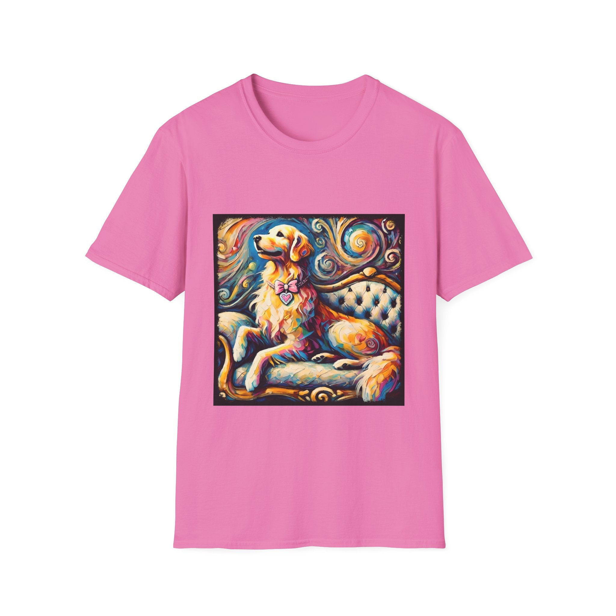 Pink dog t-shirt featuring golden retriever with pink heart collar on colorful tufted settee.