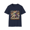 Navy blue dog t-shirt featuring a tan French Bulldog with pink bow and heart on a vivid rainbow swirl couch.