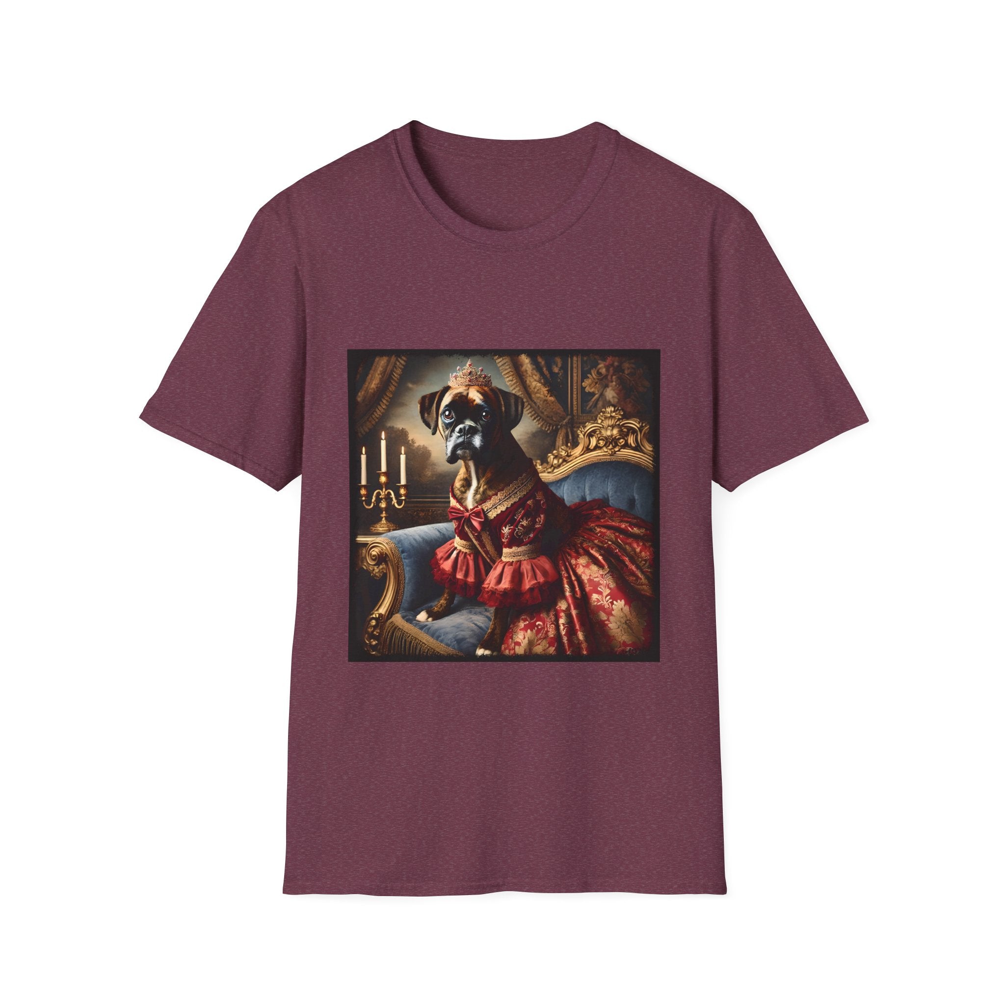 Heather maroon dog t-shirt featuring boxer in ornate red gown and tiara seated on royal blue armchair.