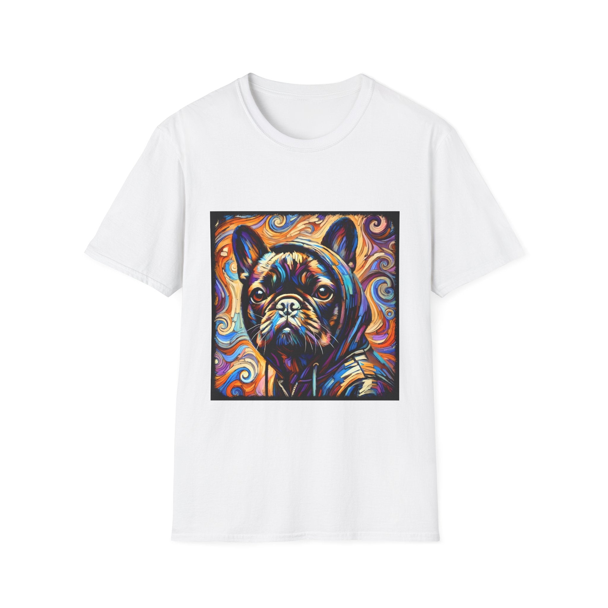 Dog t-shirt in white featuring colorful French Bulldog in hoodie, set against vivid swirl-patterned background.