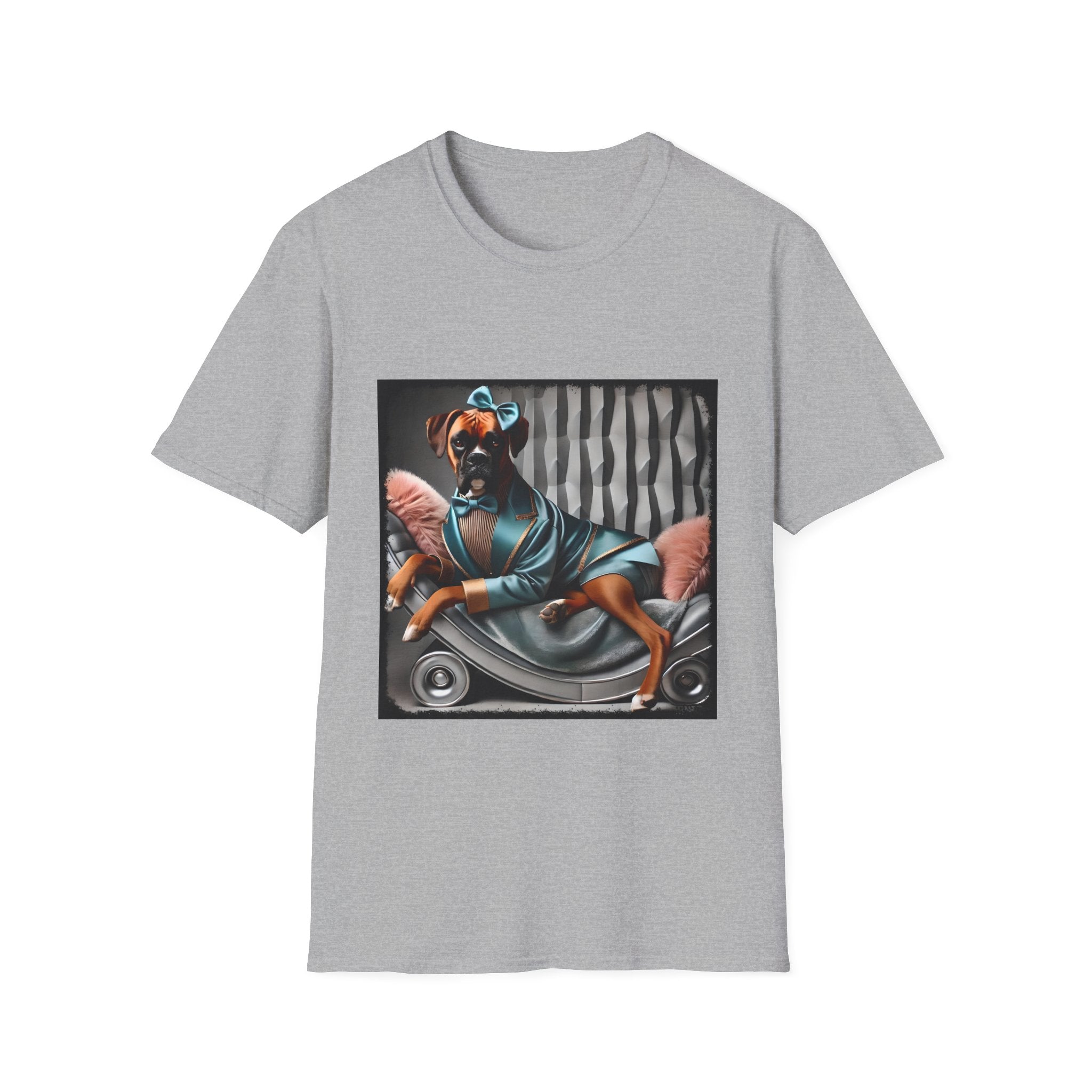 Sport gray dog t-shirt with a boxer in teal dress and bow on modern chair with striped wall and pink pillows.