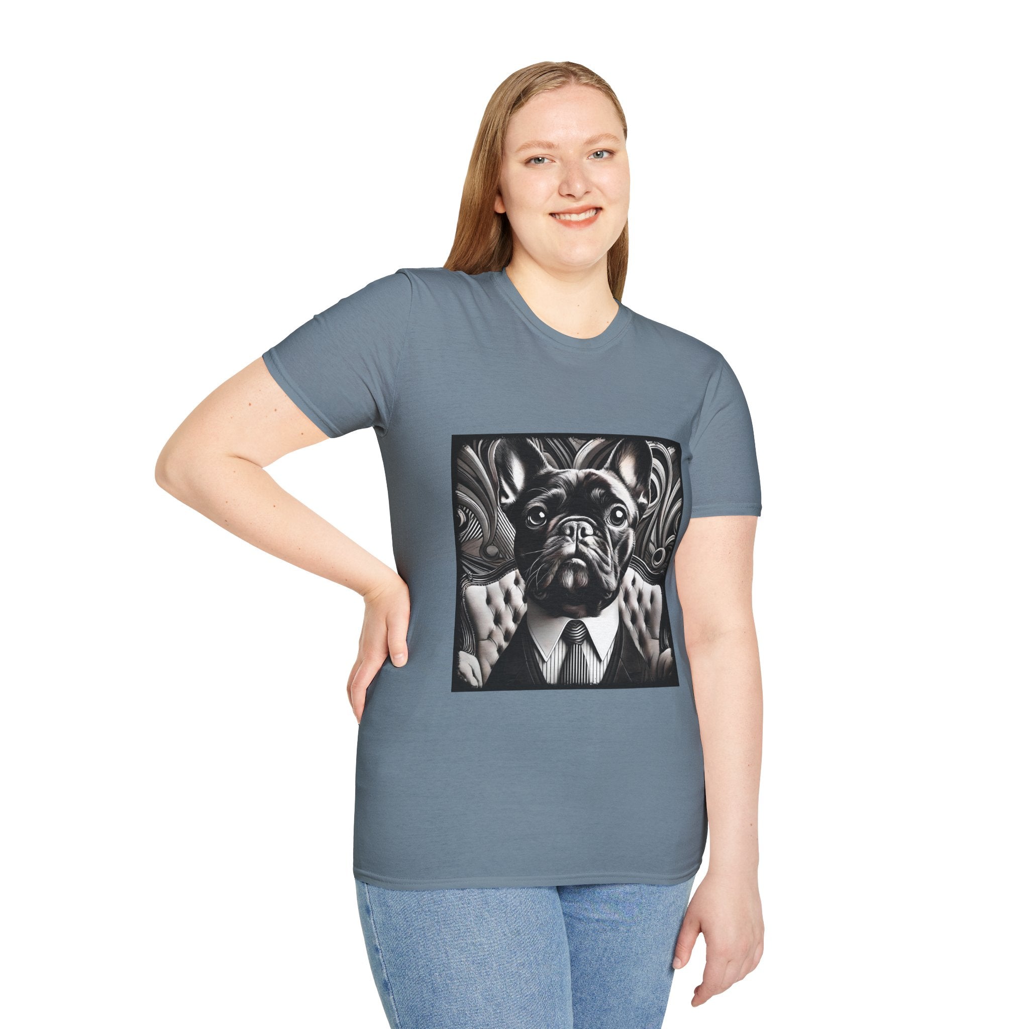 Female model in stone blue dog t-shirt featuring black French Bulldog in suit with swirl background, monochrome style.